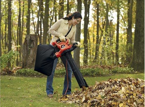 mujer aspirando hojas con el soplador de hojas