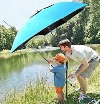 padre e hijo protegidos con sombrillas con proteccion solar