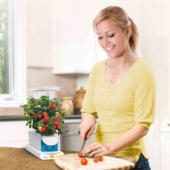 mujer usando tomates de cultivo hidroponico en casa