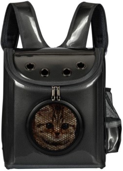 Gato dentro de una mochila para gatos con buena ventilación e iluminación