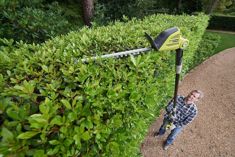 Hombre cortando seto en altura con cortasetos telescópicos eléctricos