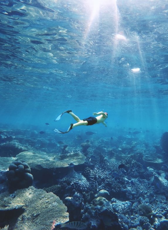 La mejor linterna de buceo para comprar en el 2020 imagen 25 persona buceando bajo la luz del sol